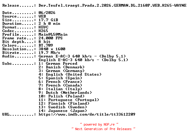 NFO for the release Der.Teufel.traegt.Prada.2.2026.GERMAN.DL.2160P.WEB.H265-WAYNE by WAYNE
