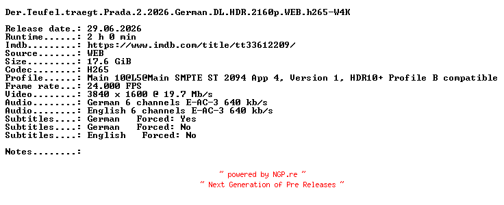 NFO for the release Der.Teufel.traegt.Prada.2.2026.German.DL.HDR.2160p.WEB.h265-W4K by W4K