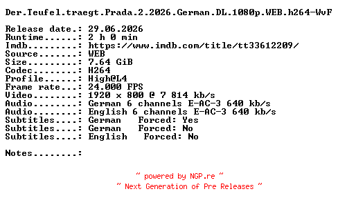 NFO for the release Der.Teufel.traegt.Prada.2.2026.German.DL.1080p.WEB.h264-WvF by WvF