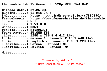 NFO for the release The.Rookie.S08E17.German.DL.720p.WEB.h264-WvF by WvF