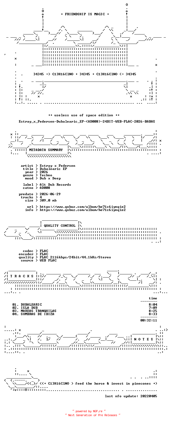 NFO for the release Estray_x_Federsen-Dubalearic_EP-(AD008)-24BIT-WEB-FLAC-2026-BABAS by BABAS