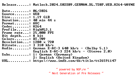 NFO for the release Matlock.2024.S02E09.GERMAN.DL.720P.WEB.H264-WAYNE by WAYNE