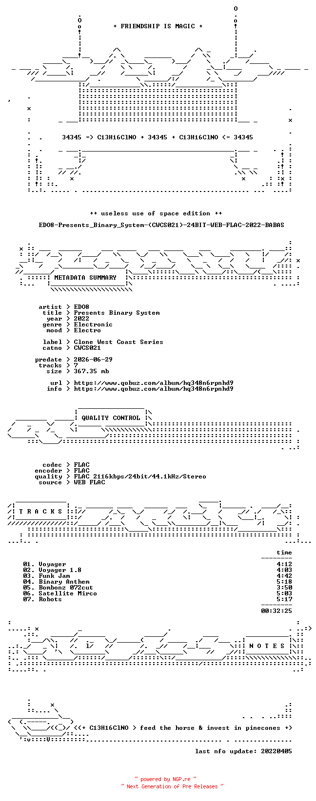 NFO for the release EDO8-Presents_Binary_System-(CWCS021)-24BIT-WEB-FLAC-2022-BABAS by BABAS