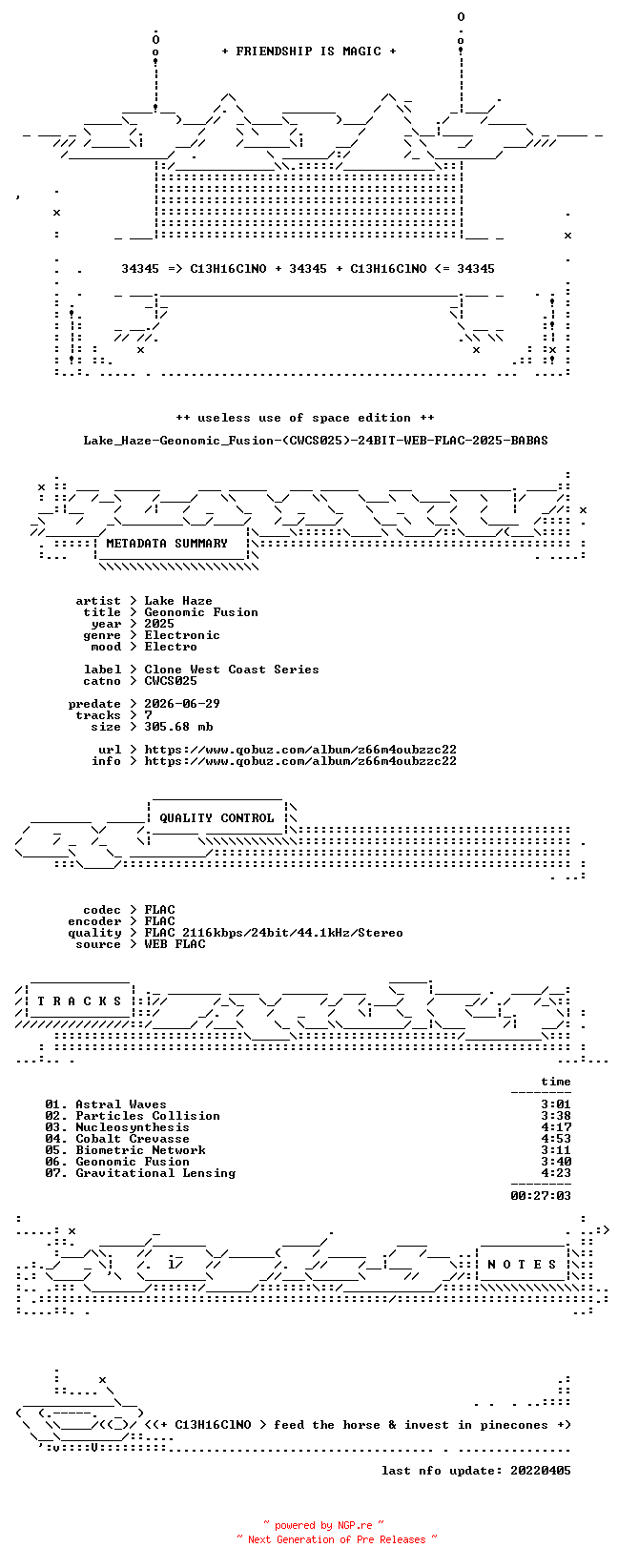 NFO for the release Lake_Haze-Geonomic_Fusion-(CWCS025)-24BIT-WEB-FLAC-2025-BABAS by BABAS
