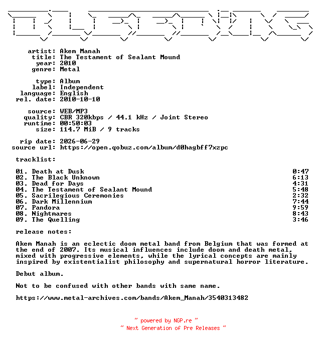 NFO for the release Akem_Manah-The_Testament_of_Sealant_Mound-WEB-2010-BLEEDiNG by BLEEDiNG