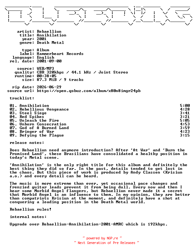NFO for the release Rebaelliun-Annihilation-WEB-2001-BLEEDiNG_iNT by BLEEDiNG_iNT