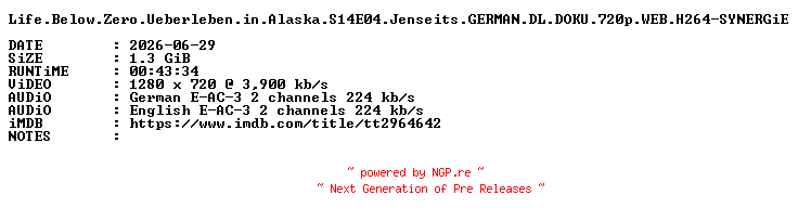NFO for the release Life.Below.Zero.Ueberleben.in.Alaska.S14E04.Jenseits.GERMAN.DL.DOKU.720p.WEB.H264-SYNERGiE by SYNERGiE