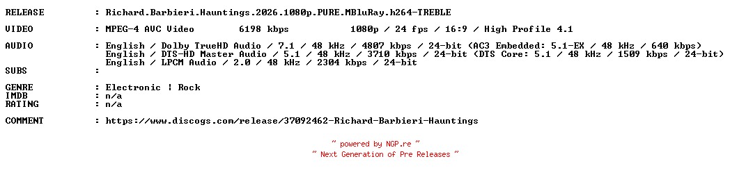 NFO for the release Richard.Barbieri.Hauntings.2026.1080p.PURE.MBluRay.h264-TREBLE by TREBLE