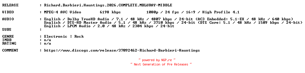 NFO for the release Richard.Barbieri.Hauntings.2026.COMPLETE.MBLURAY-MIDDLE by MIDDLE