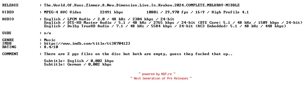 NFO for the release The.World.Of.Hans.Zimmer.A.New.Dimension.Live.In.Krakow.2024.COMPLETE.MBLURAY-MIDDLE by MIDDLE