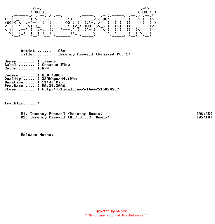 NFO for the release Aandv-Decency_Prevail_Remixed_Pt._1-WEB-2026-FALCON by FALCON
