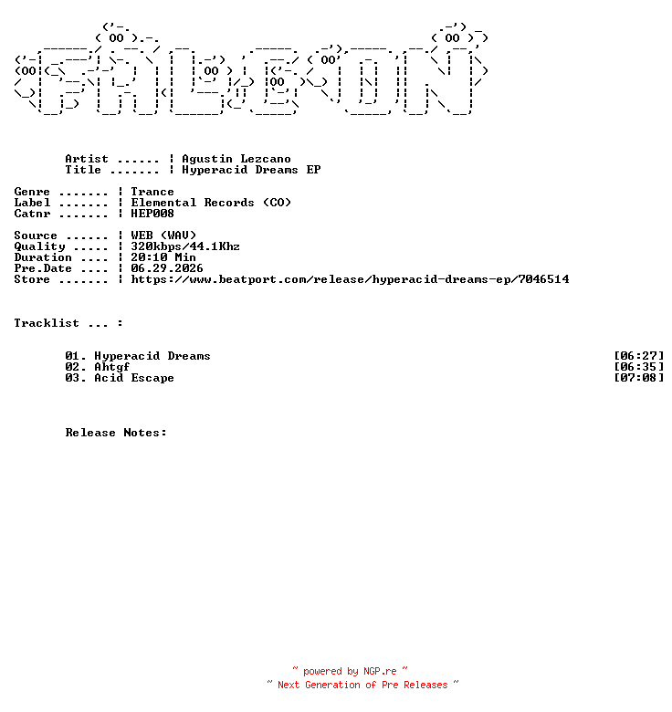 NFO for the release Agustin_Lezcano-Hyperacid_Dreams_EP-(HEP008)-WEB-2026-FALCON by FALCON