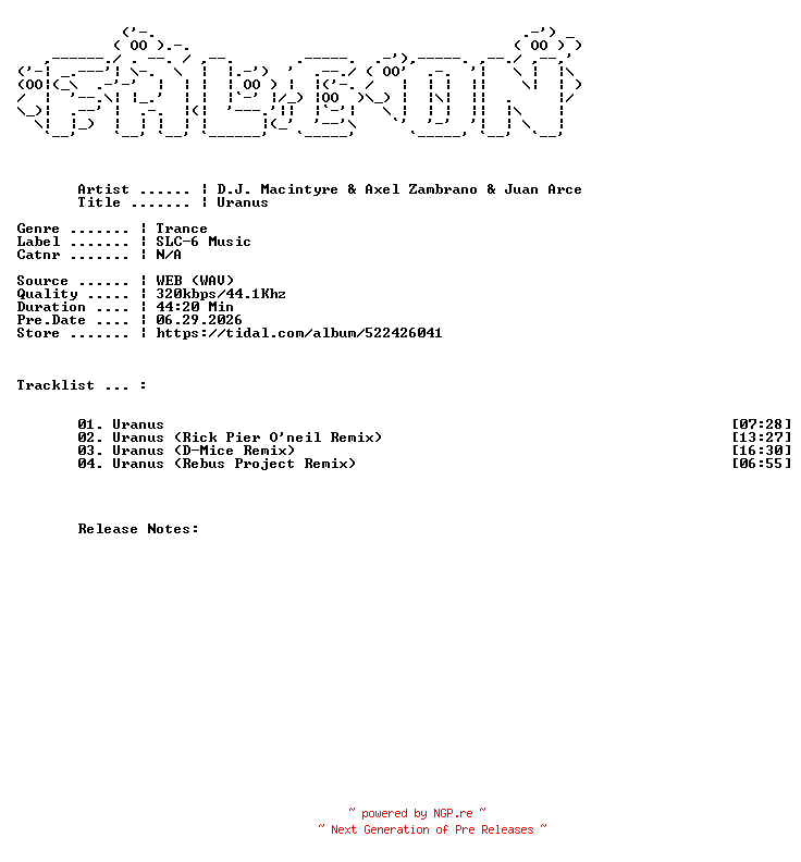NFO for the release D.J._Macintyre_And_Axel_Zambrano_And_Juan_Arce-Uranus-WEB-2026-FALCON by FALCON