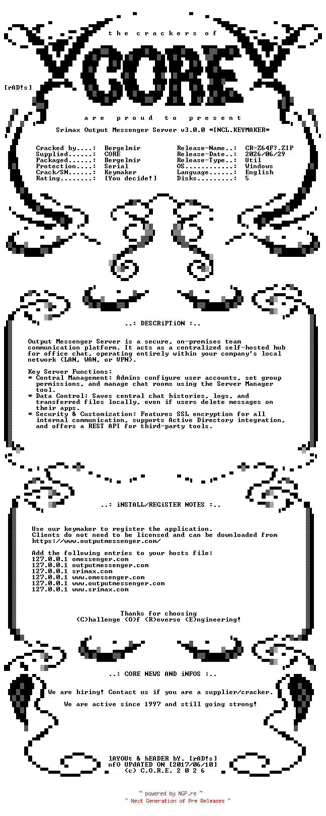 NFO for the release Srimax.Output.Messenger.Server.v3.0.0.Incl.Keymaker-CORE by CORE