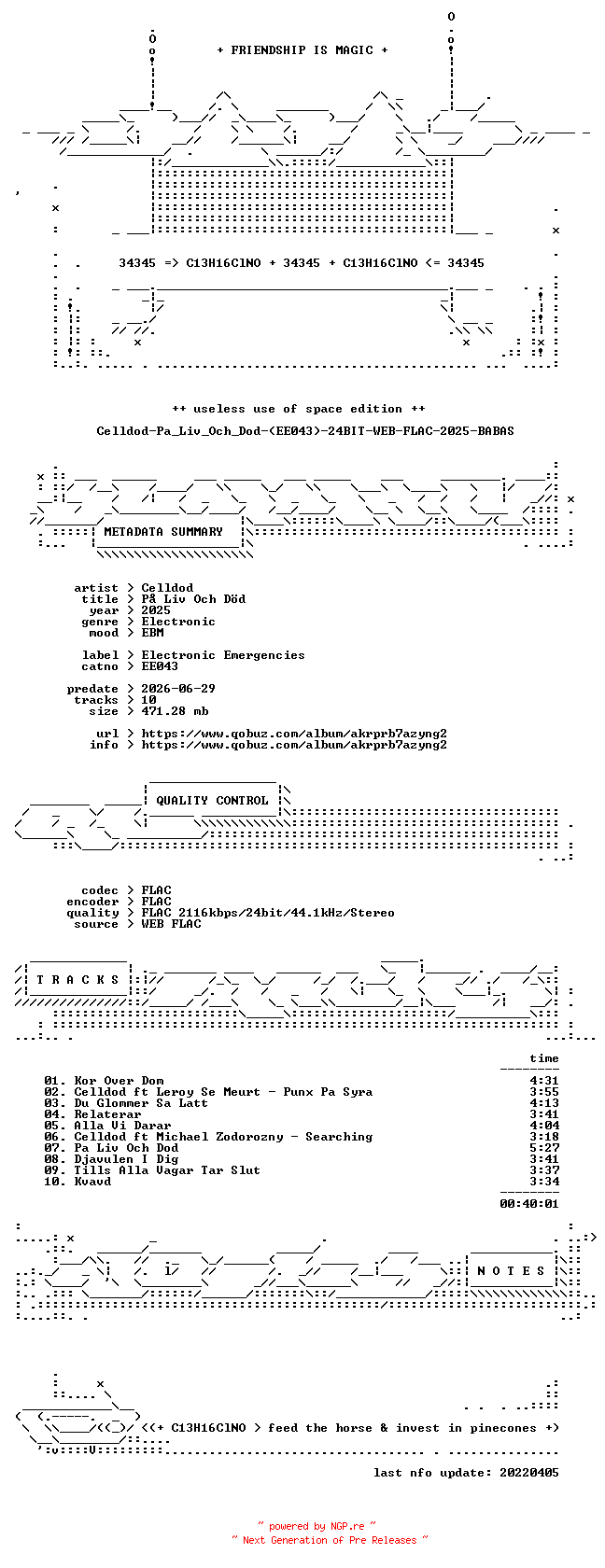 NFO for the release Celldod-Pa_Liv_Och_Dod-(EE043)-24BIT-WEB-FLAC-2025-BABAS by BABAS