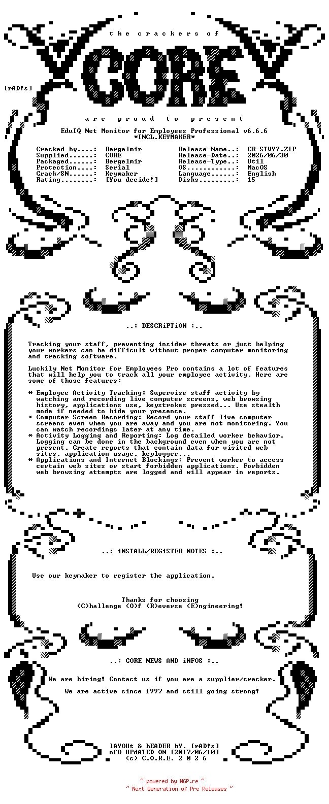NFO for the release EduIQ.Net.Monitor.for.Employees.Professional.v6.6.6.MacOS.x64.Incl.Keymaker-CORE by CORE