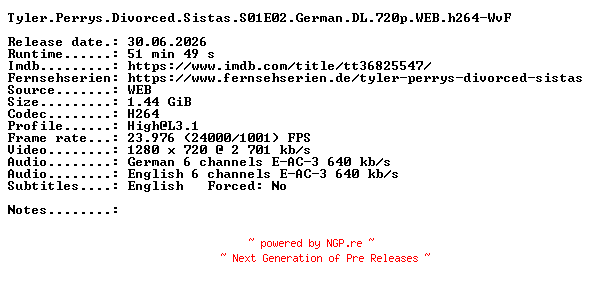 NFO for the release Tyler.Perrys.Divorced.Sistas.S01E02.German.DL.720p.WEB.h264-WvF by WvF