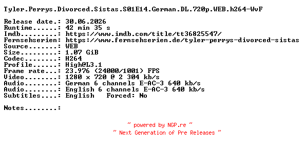 NFO for the release Tyler.Perrys.Divorced.Sistas.S01E14.German.DL.720p.WEB.h264-WvF by WvF