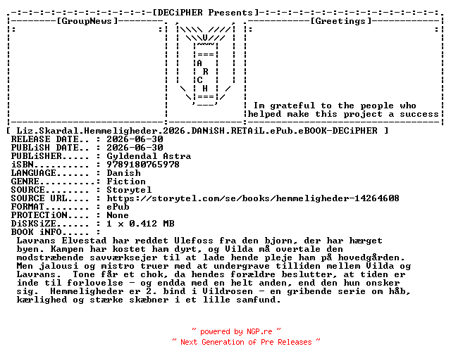 NFO for the release Liz.Skardal.Hemmeligheder.2026.DANiSH.RETAiL.ePub.eBOOK-DECiPHER by DECiPHER
