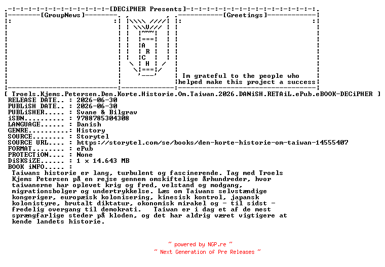 NFO for the release Troels.Kjems.Petersen.Den.Korte.Historie.Om.Taiwan.2026.DANiSH.RETAiL.ePub.eBOOK-DECiPHER by DECiPHER