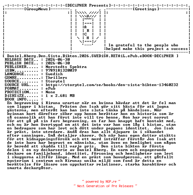 NFO for the release Daniel.Aberg.Den.Sista.Bikten.2026.SWEDiSH.RETAiL.ePub.eBOOK-DECiPHER by DECiPHER