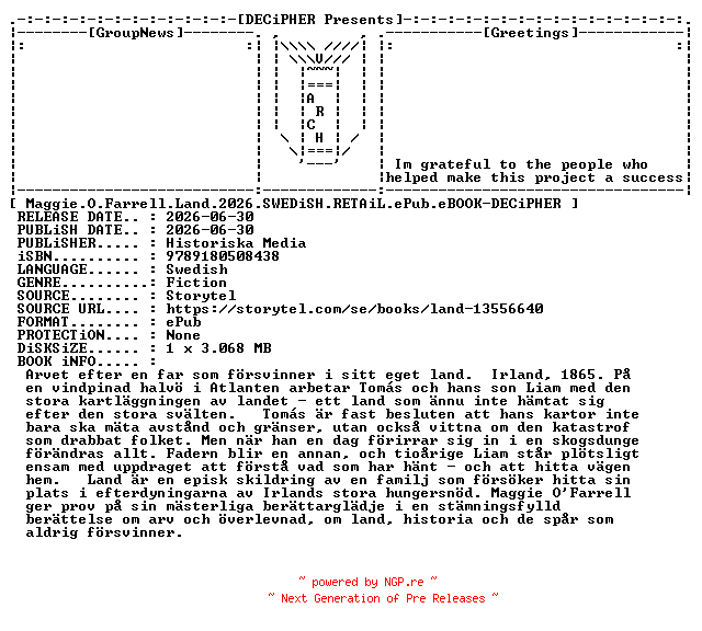 NFO for the release Maggie.O.Farrell.Land.2026.SWEDiSH.RETAiL.ePub.eBOOK-DECiPHER by DECiPHER