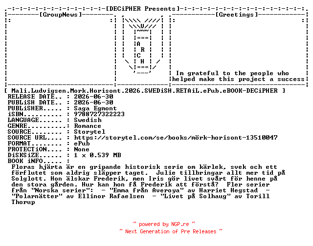 NFO for the release Mali.Ludvigsen.Mork.Horisont.2026.SWEDiSH.RETAiL.ePub.eBOOK-DECiPHER by DECiPHER