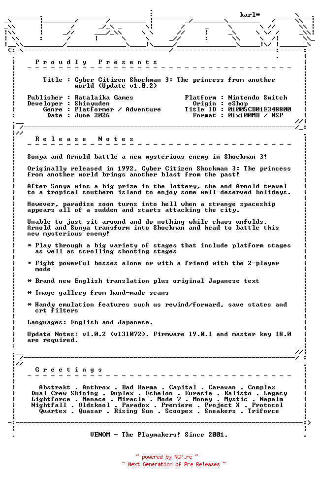 NFO for the release Cyber_Citizen_Shockman_3_The_Princess_from_Another_World_Update_v1.0.2_NSW-VENOM by VENOM