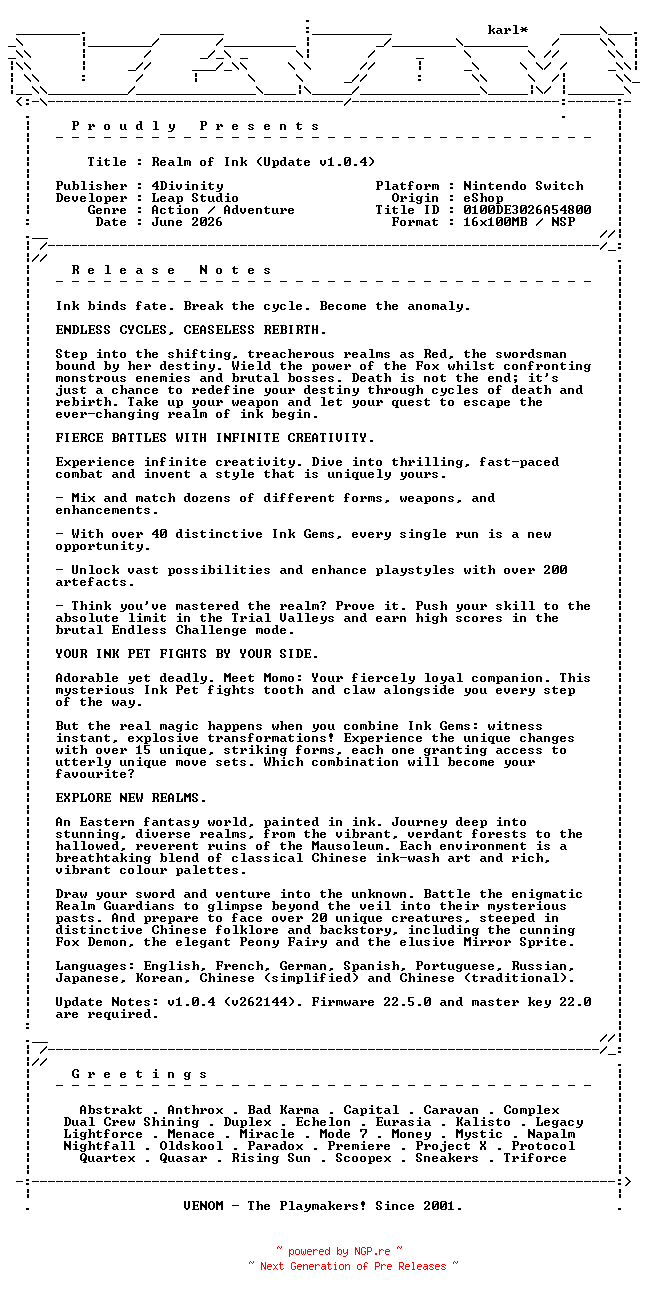NFO for the release Realm_of_Ink_Update_v1.0.4_NSW-VENOM by VENOM