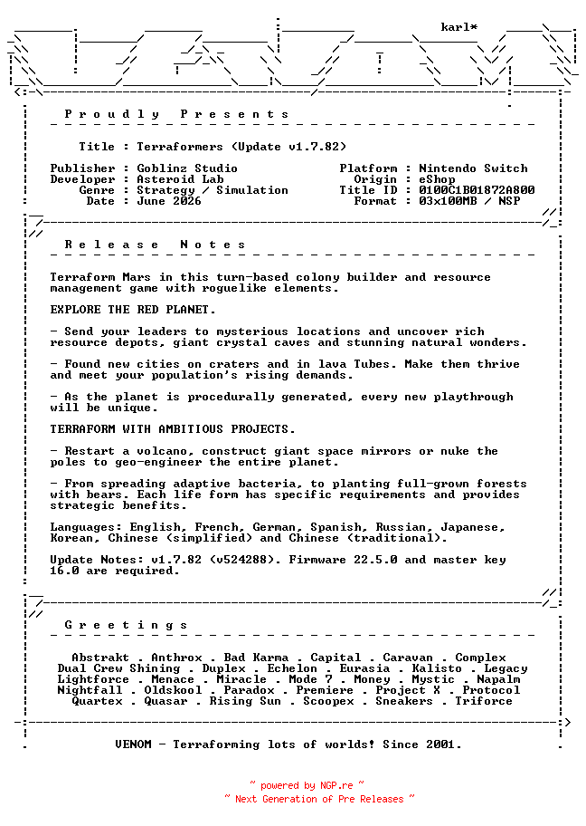 NFO for the release Terraformers_Update_v1.7.82_NSW-VENOM by VENOM
