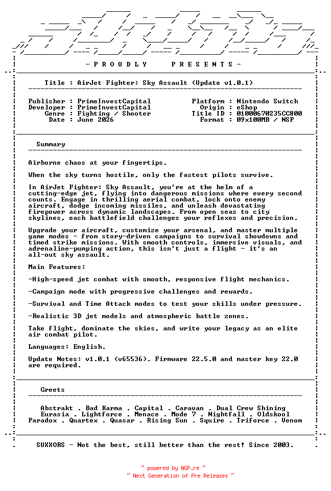 NFO for the release AirJet_Fighter_Sky_Assault_Update_v1.0.1_NSW-SUXXORS by SUXXORS