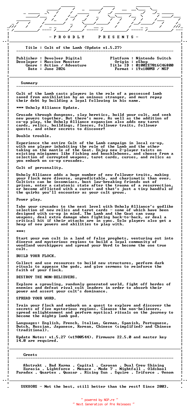 NFO for the release Cult_of_the_Lamb_Update_v1.5.27_NSW-SUXXORS by SUXXORS