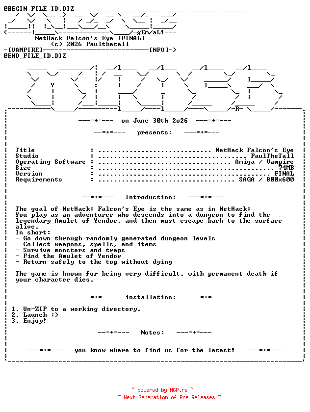 NFO for the release Nethack_Falcons_Eye_FINAL_VAMPIRE_AMIGA-MiRAGE by MiRAGE