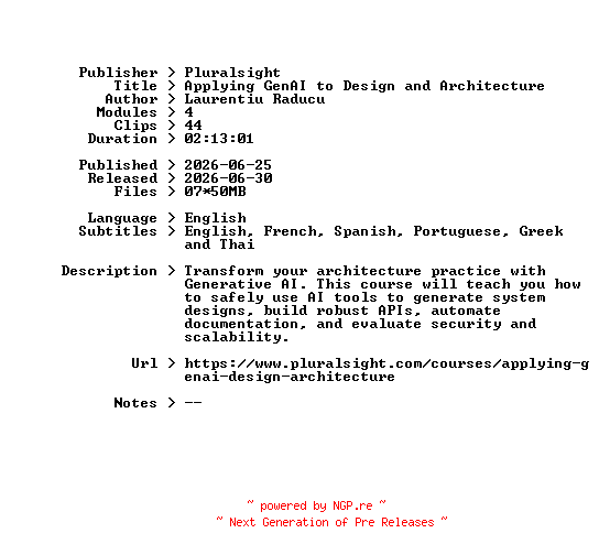 NFO for the release Pluralsight.Applying.GenAI.to.Design.and.Architecture.2026.BOOKWARE-GETH by GETH