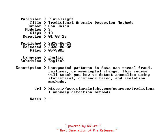 NFO for the release Pluralsight.Traditional.Anomaly.Detection.Methods.2026.BOOKWARE-GETH by GETH