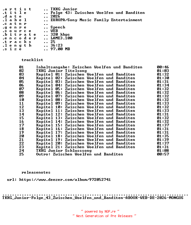 NFO for the release TKKG_Junior-Folge_43_Zwischen_Woelfen_und_Banditen-ABOOK-WEB-DE-2026-MONGOS by MONGOS