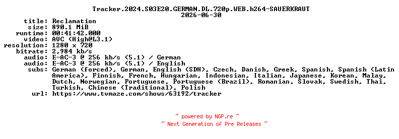 NFO for the release Tracker.2024.S03E20.GERMAN.DL.720p.WEB.h264-SAUERKRAUT by SAUERKRAUT