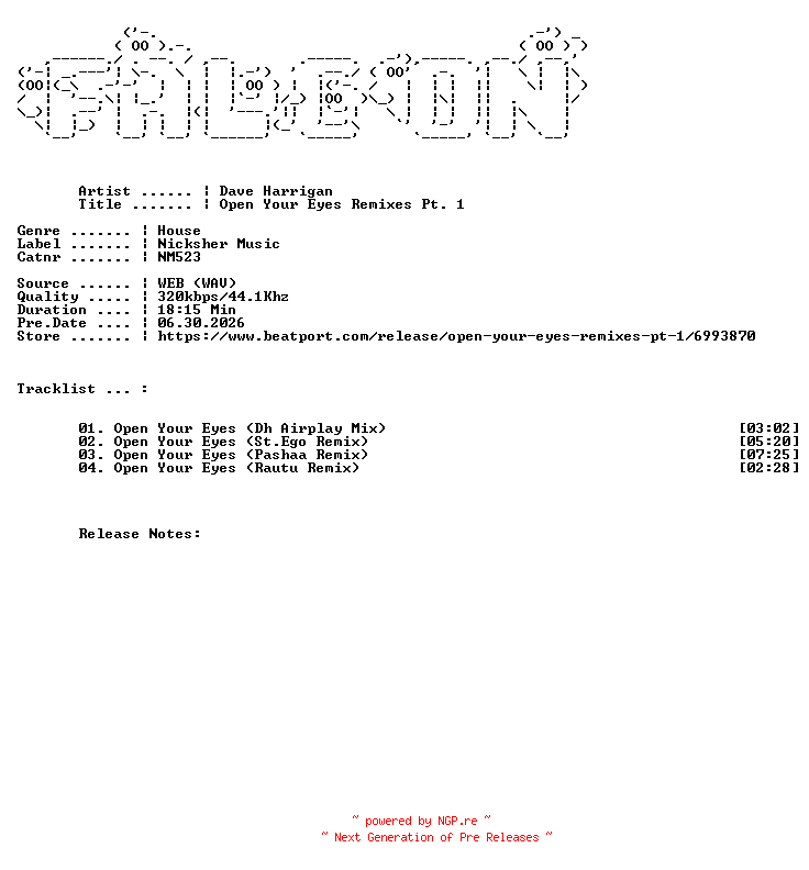 NFO for the release Dave_Harrigan-Open_Your_Eyes_Remixes_Pt._1-(NM523)-WEB-2026-FALCON by FALCON