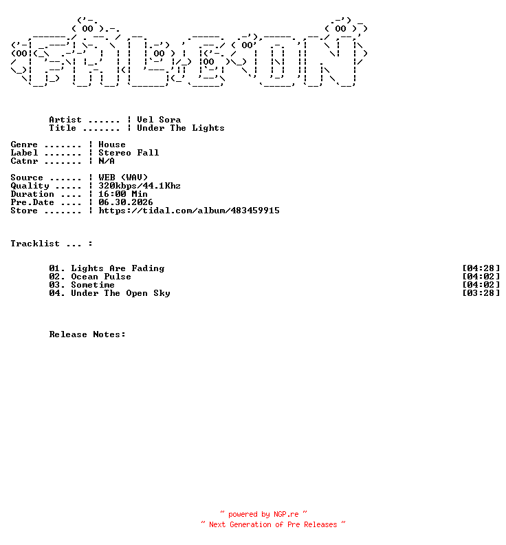 NFO for the release Vel_Sora-Under_The_Lights-WEB-2026-FALCON by FALCON