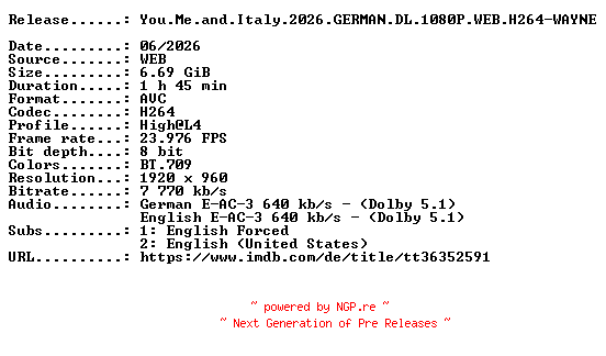 NFO for the release You.Me.and.Italy.2026.GERMAN.DL.1080P.WEB.H264-WAYNE by WAYNE