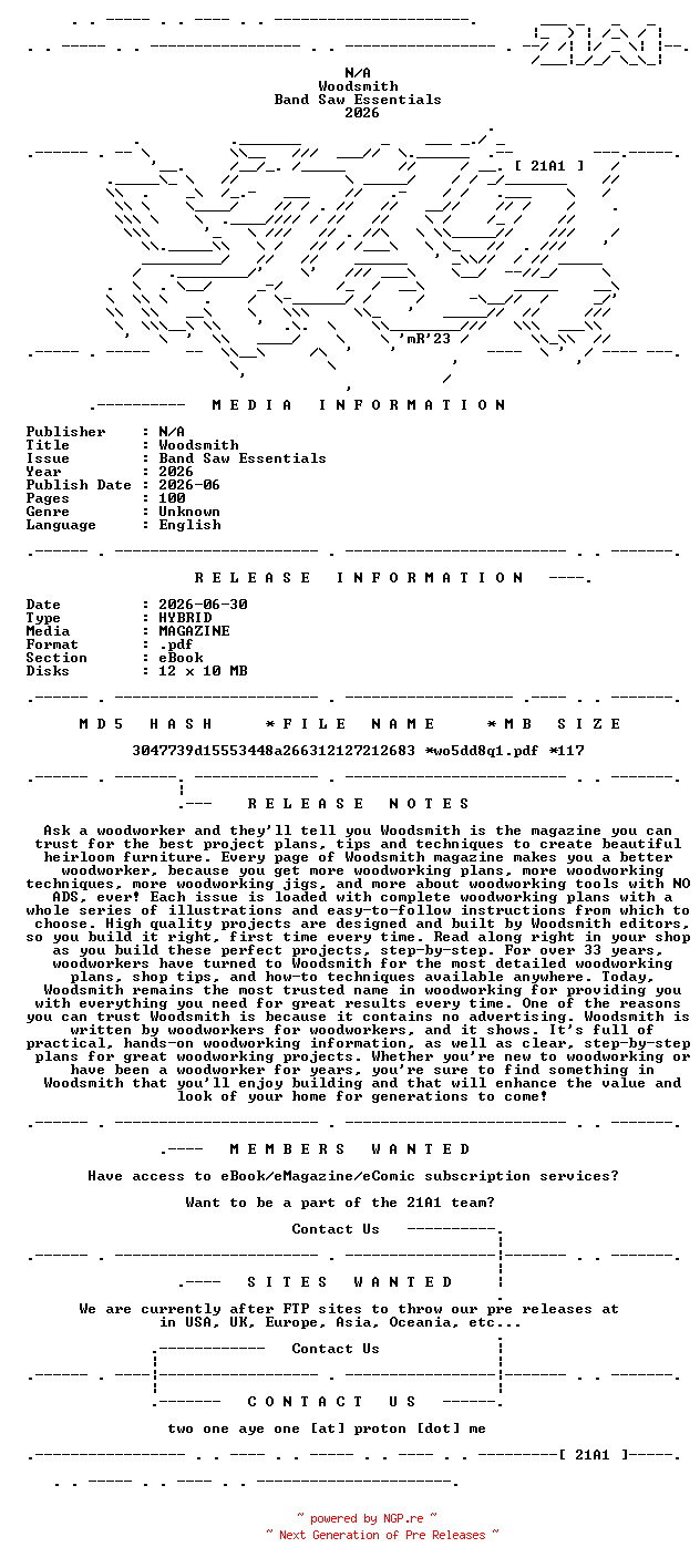 NFO for the release Woodsmith.Band.Saw.Essentials.2026.HYBRID.MAGAZINE.eBook-21A1 by 21A1