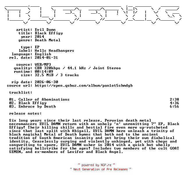 NFO for the release Evil_Damn-Black_Effigy-EP-WEB-2014-BLEEDiNG by BLEEDiNG