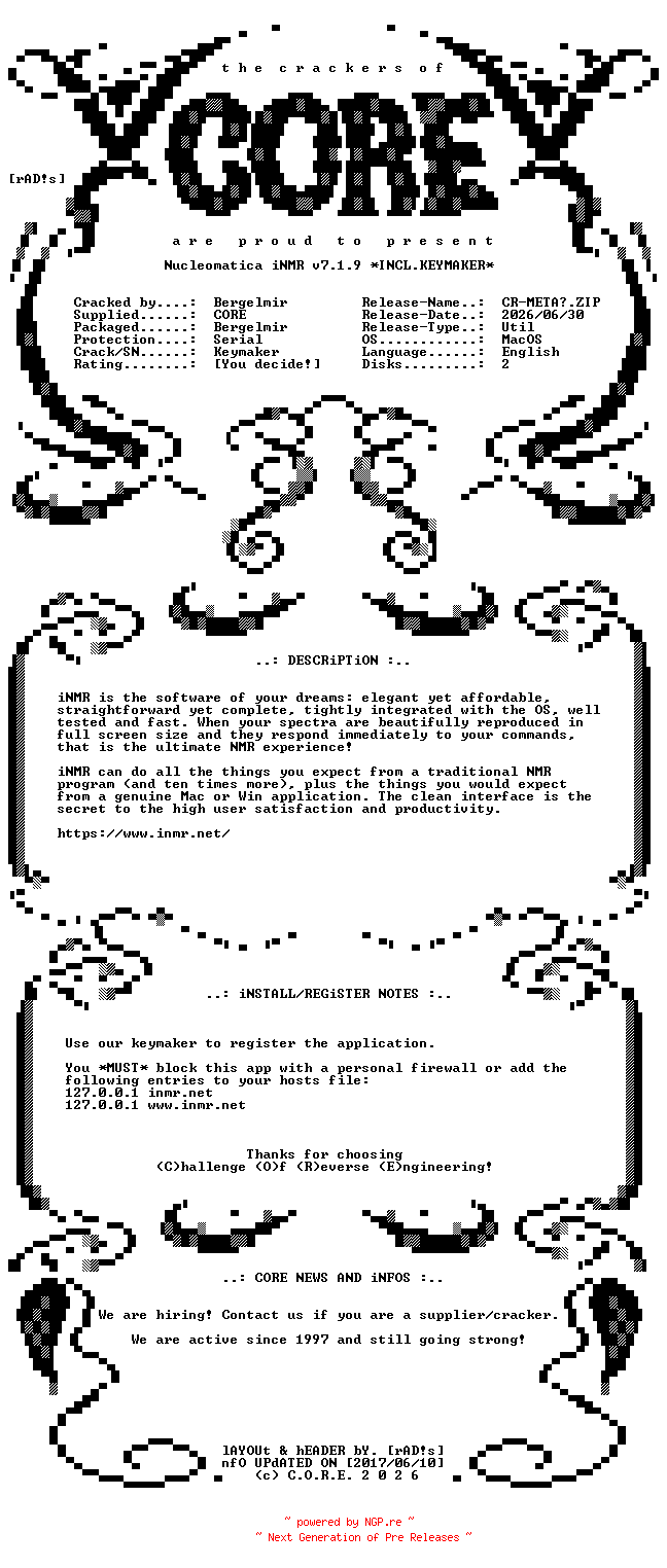 NFO for the release Nucleomatica.iNMR.v7.1.9.MacOS.UB.Incl.Keymaker-CORE by CORE