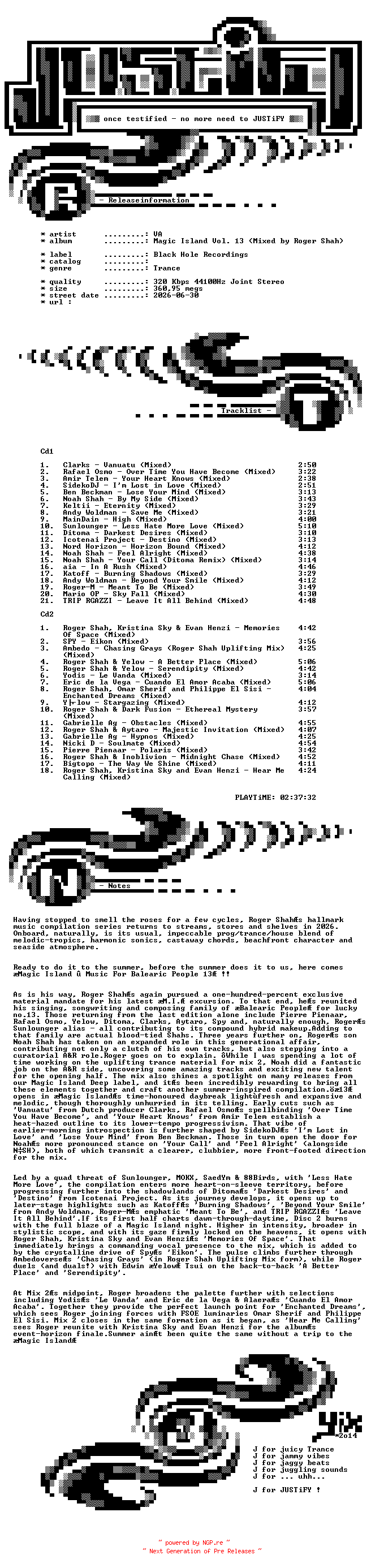 NFO for the release VA-Magic_Island_Vol._13_(Mixed_By_Roger_Shah)-WEB-2026-JUSTiFY_iNT by JUSTiFY_iNT