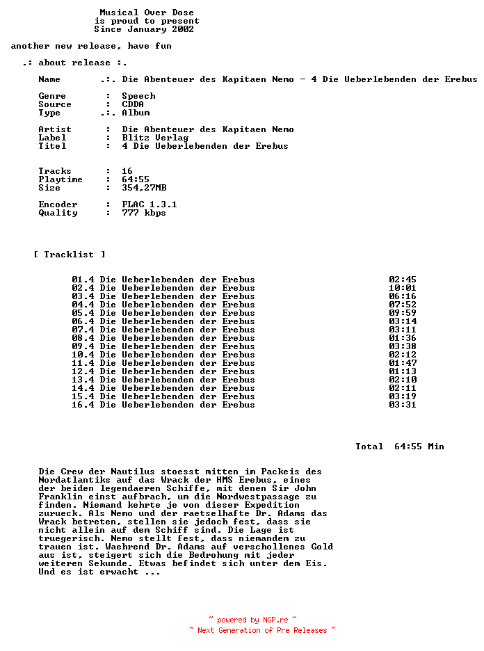 NFO for the release Die_Abenteuer_Des_Kapitaen_Nemo-4_Die_Ueberlebenden_Der_Erebus-DE-Audiobook-CD-FLAC-2026-MOD by MOD