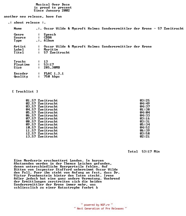 NFO for the release Oscar_Wilde_Und_Mycroft_Holmes_Sonderermittler_Der_Krone-57_Zweitracht-DE-Audiobook-CD-FLAC-2026-MOD by MOD
