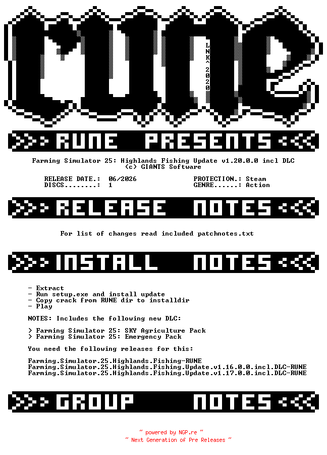 NFO for the release Farming.Simulator.25.Highlands.Fishing.Update.v1.20.0.0.incl.DLC-RUNE by RUNE