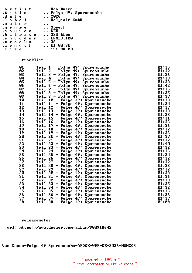 NFO for the release Van_Dusen-Folge_49_Spurensuche-ABOOK-WEB-DE-2026-MONGOS by MONGOS