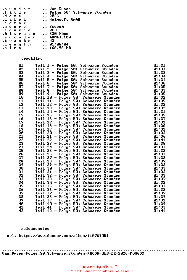 NFO for the release Van_Dusen-Folge_50_Schwarze_Stunden-ABOOK-WEB-DE-2026-MONGOS by MONGOS