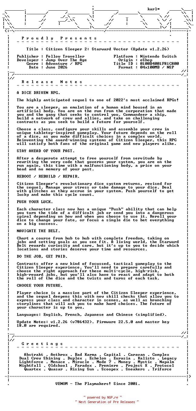 NFO for the release Citizen_Sleeper_2_Starward_Vector_Update_v1.2.26_NSW-VENOM by VENOM